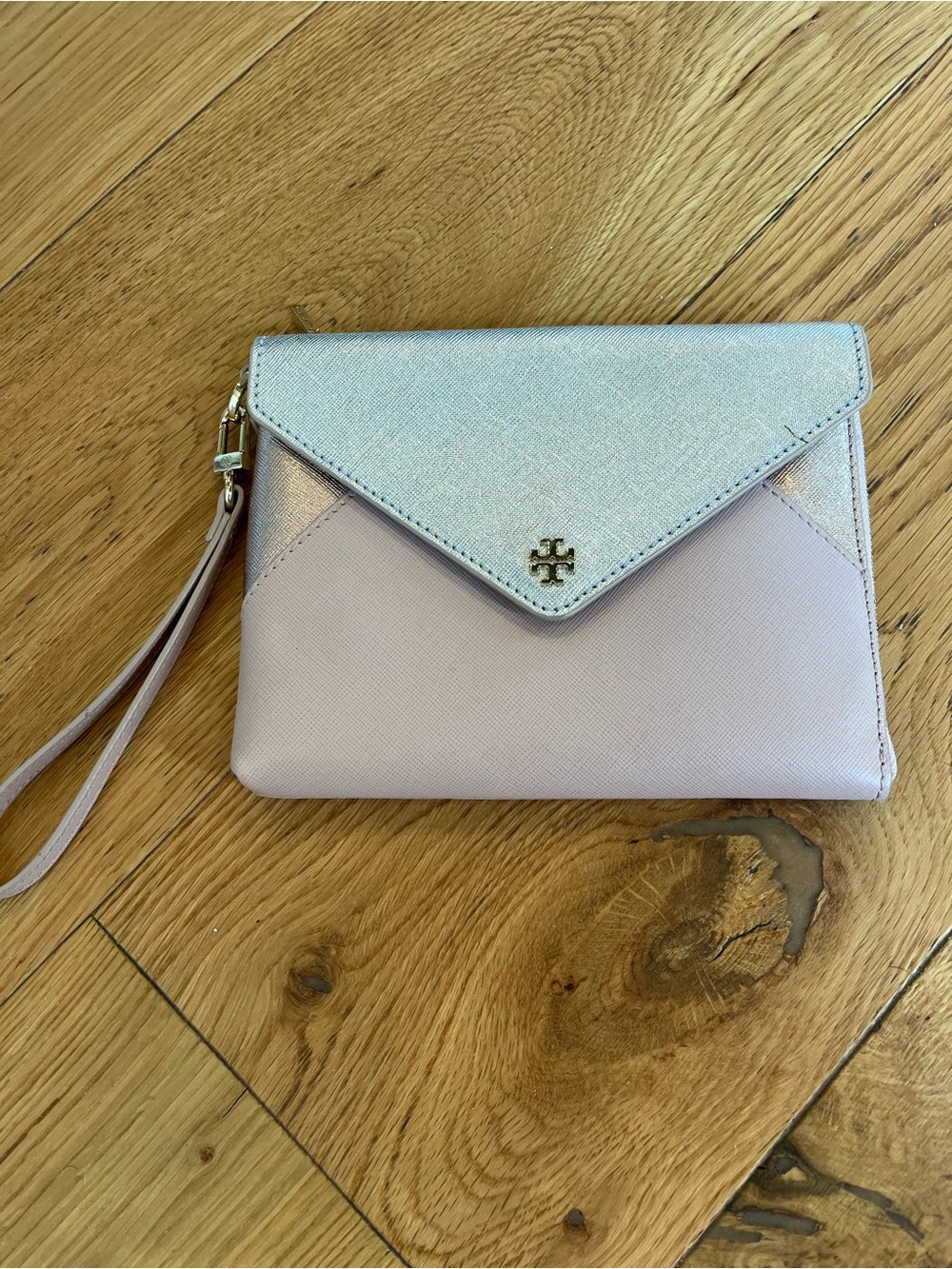 Tory Burch Pink and Silver Envelope Wristlet Clutch